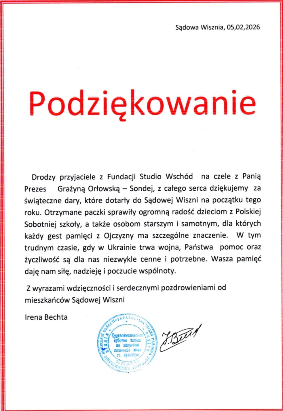 Podziękowania z Sądowej Wiszni